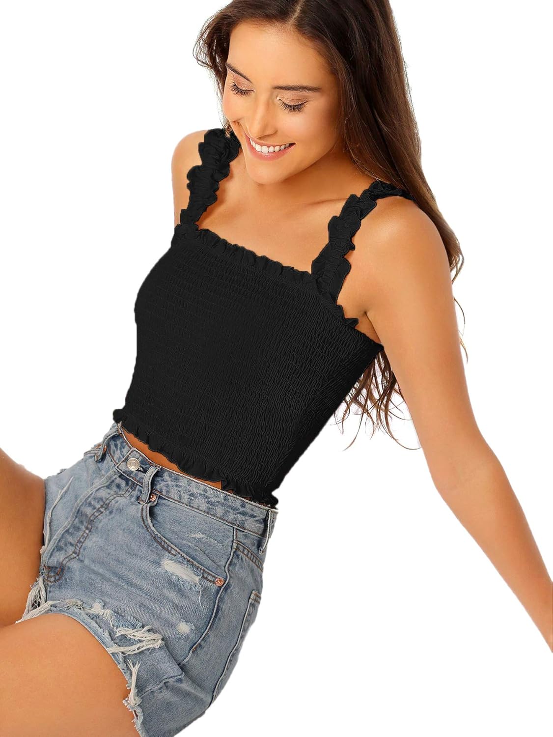 SheIn Women's Casual Frill Smocked Crop Cami Tank Shirred Strap Sleeveless Top at  Women’s Clothing store