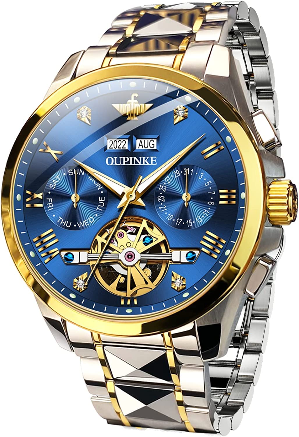 OLEVS Men Skeleton Watch Automatic Mechanical Self Winding Sapphire Crystal Luxury Dress Tungsten Steel Waterproof Two Tone Strap