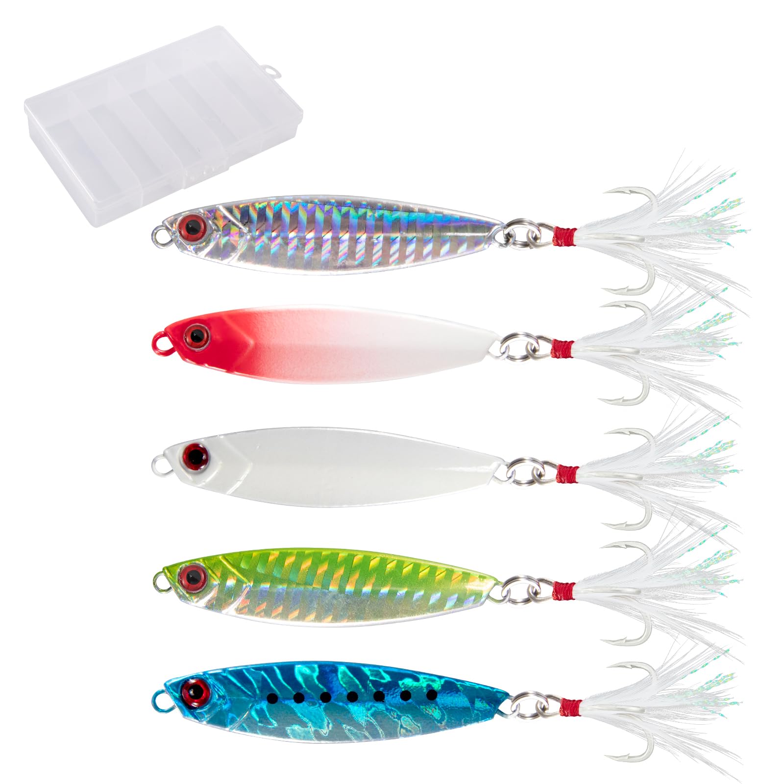 Alwonder 5pcs Metal Lure for Sea Fishing 10g/4.5cm Sea Spoons with Feather Treble Hooks, Laser Scales Fishing Lures Long Casting Jig for Bass Trout Pike Perch Salwater Freshwater