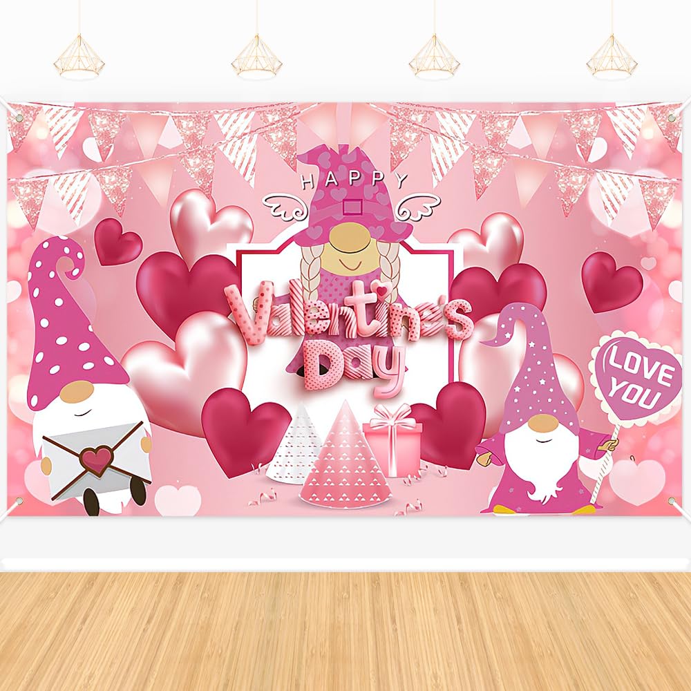 Valentines Day Photography Backdrop, Happy Valentines Day Banner Backdrop, Red Pink Love Hearts and Gnomes Design Party Supplies, for Valentines Day Party Decorations(180x110cm)