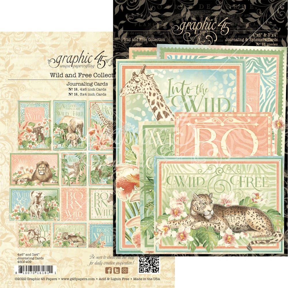 Graphic 45 Wild & Free Journaling Cards - Animal Theme, Classic Style, Portable, All Ages 3+