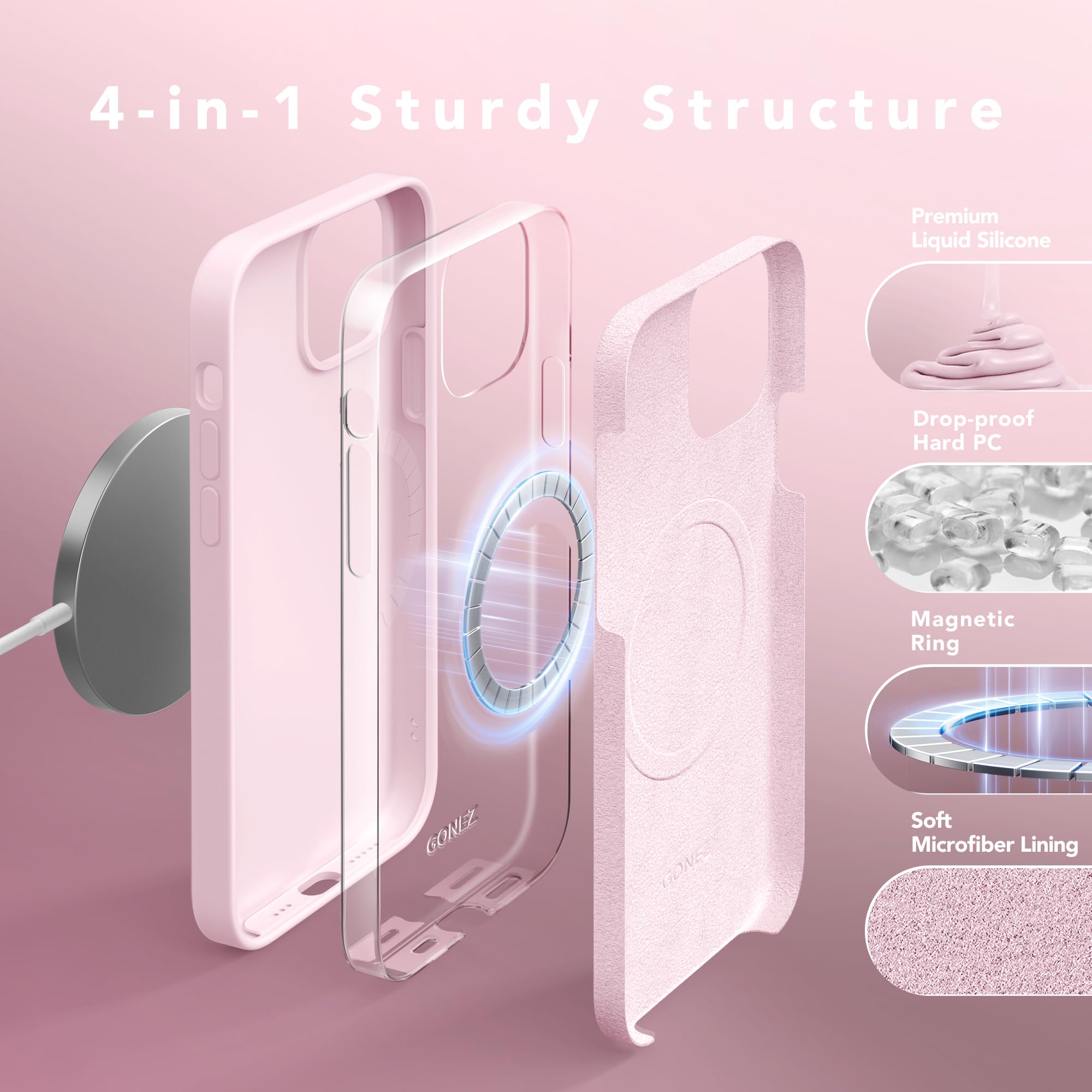 GONEZ Magnetic for iPhone 12 Case / 12 Pro Case, Compatible with MagSafe, [Screen Protector + Camera Lens Protector], Silicone Shockproof Anti-Scratch Protective Phone Case 6.1 inch, Chalk Pink