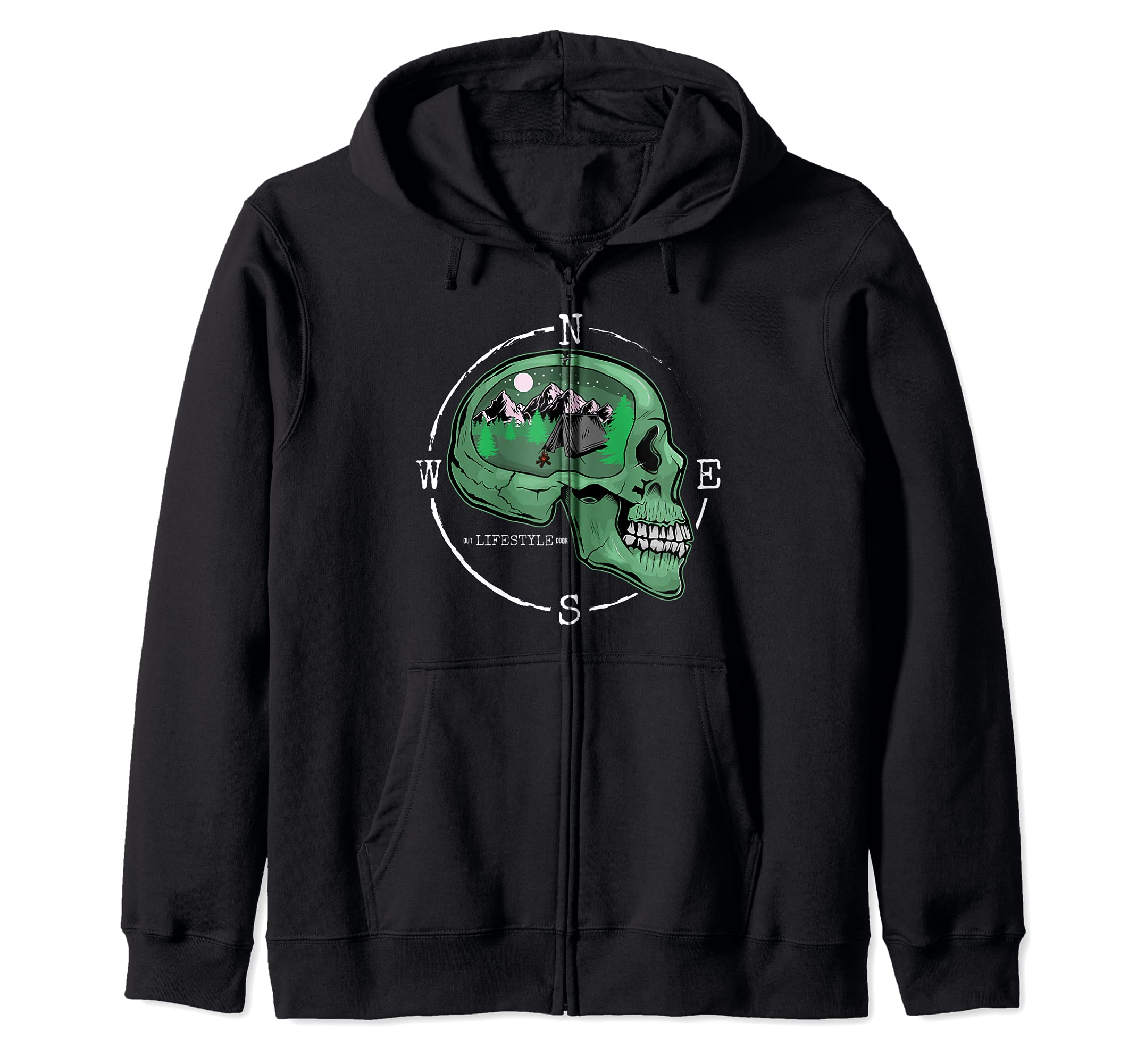 Skull Compass and Mountains Outdoorsman Camping Nature Lover Zip Hoodie
