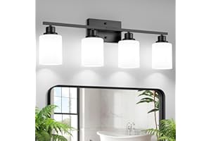 Ascher Bathroom Light Fixtures, 4-Light Vanity Light Over Mirror, Matte Black Wall Sconces with Milky White Frosted Glass Shades, Wall Lamp for Living Room Bedroom, E26 Base(Bulbs Not Included)