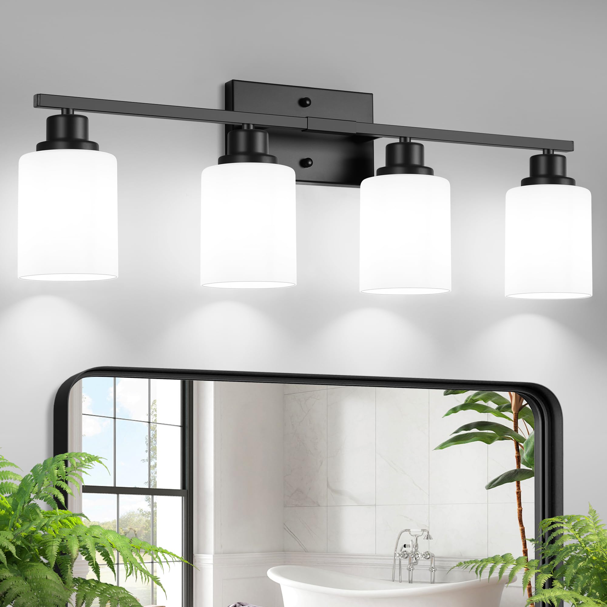 Photo 1 of Ascher Bathroom Light Fixtures, 4-Light Vanity Light Over Mirror, Matte Black Wall Sconces with Milky White Frosted Glass Shades, Wall Lamp for Living Room Bedroom, E26 Base(Bulbs Not Included)
