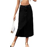 MISS MOLY Women's Jean Skirt Stretch High Waisted Frayed Raw Hem A Line Denim Midi Skirt with Pockets