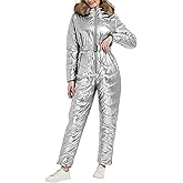 RISISSIDA Women Ski Suit Jumpsuit, Winter Onesies Outdoor Sports Waterproof Snowsuit One Piece with Hood Removable Fur Collar