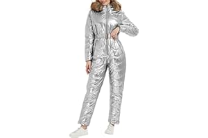RISISSIDA Women Ski Suit Jumpsuit, Winter Onesies Outdoor Sports Waterproof Snowsuit One Piece with Hood Removable Fur Collar