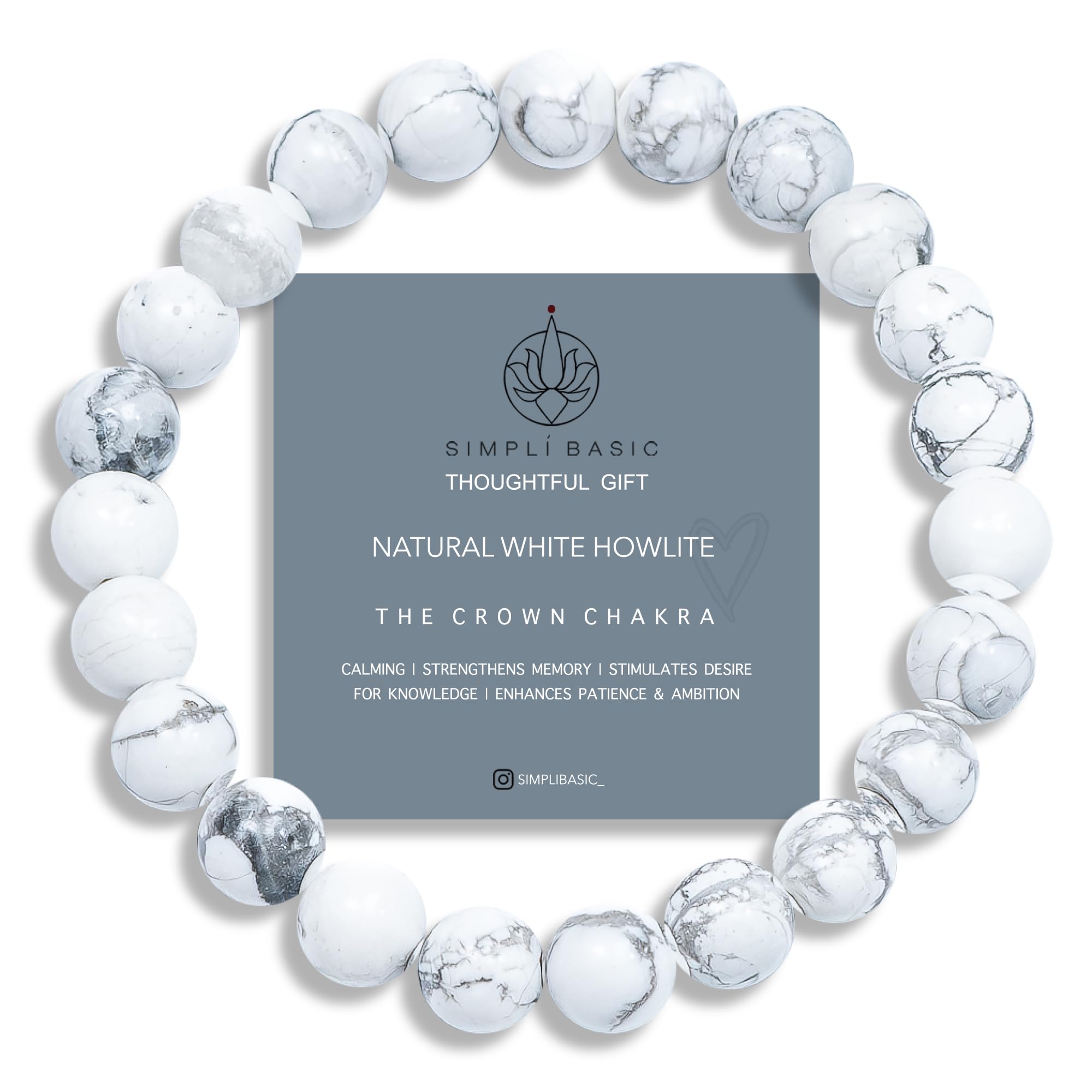SIMPLÍ BASIC 8mm Natural White Howlite Healing Bracelet for Women & Men | Stress & Insomnia Relief | Pain Support | Memory Boost | Everyday Wellness Jewellery | Gift Box Included