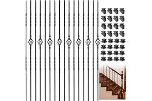 Vilstomes Iron Balusters for Staircase, 16 Pack Wrought Iron Balusters, 1/2" Hollow Stair Spindles Stair Balusters, Metal Balusters Spindles for Decks W/ 32 Pack Baluster Shoes