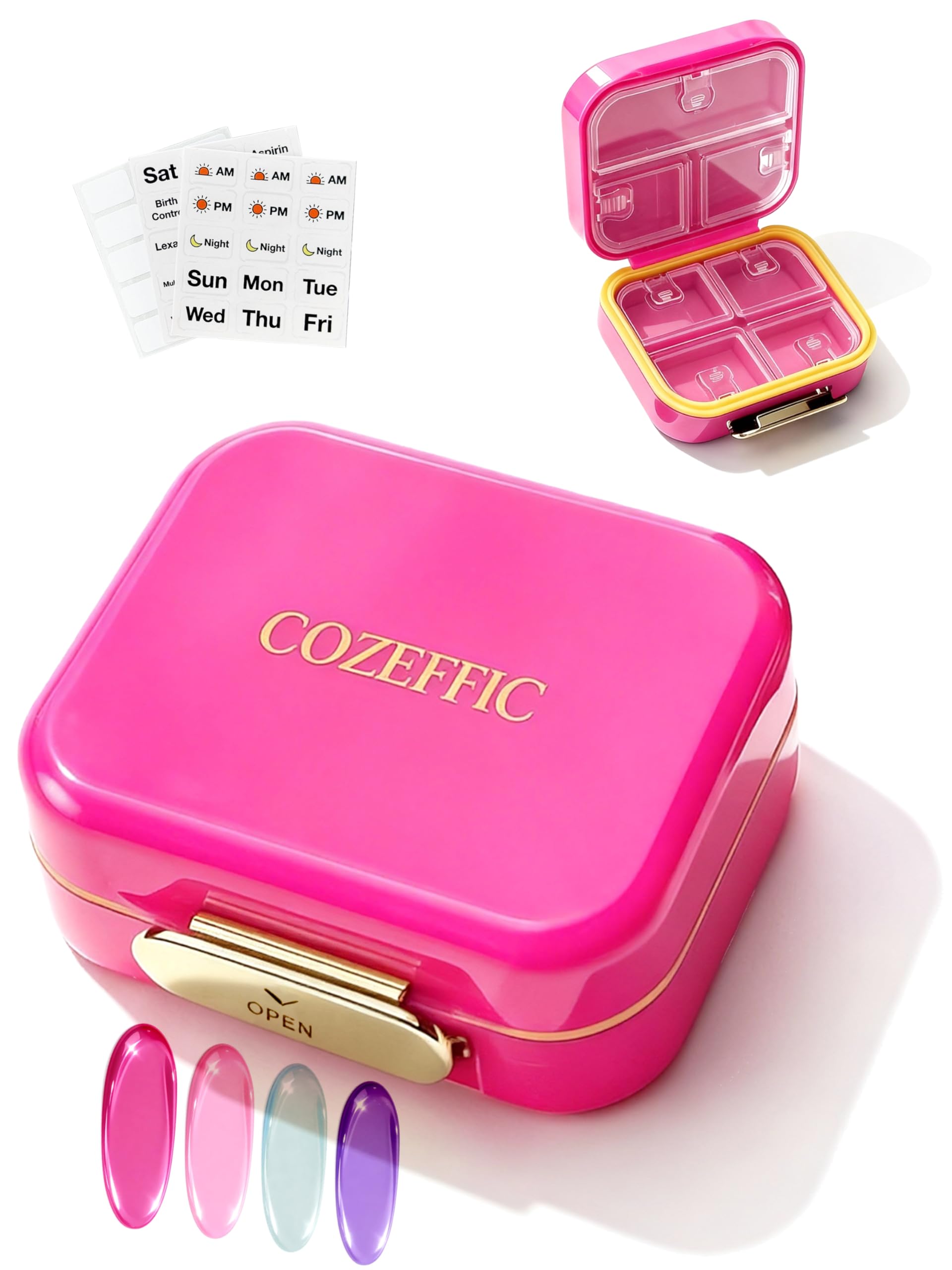Small Pill Case Travel Pill Organizer - Moisture-Proof 7 Compartments Daily Pill Box for Purse, Pocket & Gym Bag, Secure Double Lock Medicine Vitamin Container for Supplements/Fish Oil - Hot Pink