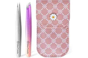 Expert Slant and Point Tip Tweezer Set with Exclusive Storage & Carrying Case, GlamTweeler Sharp & Precision Tweezer Set for Eyebrows, Facial Hairs and Fine Hairs Removal (Sparkle Violet + Silver)