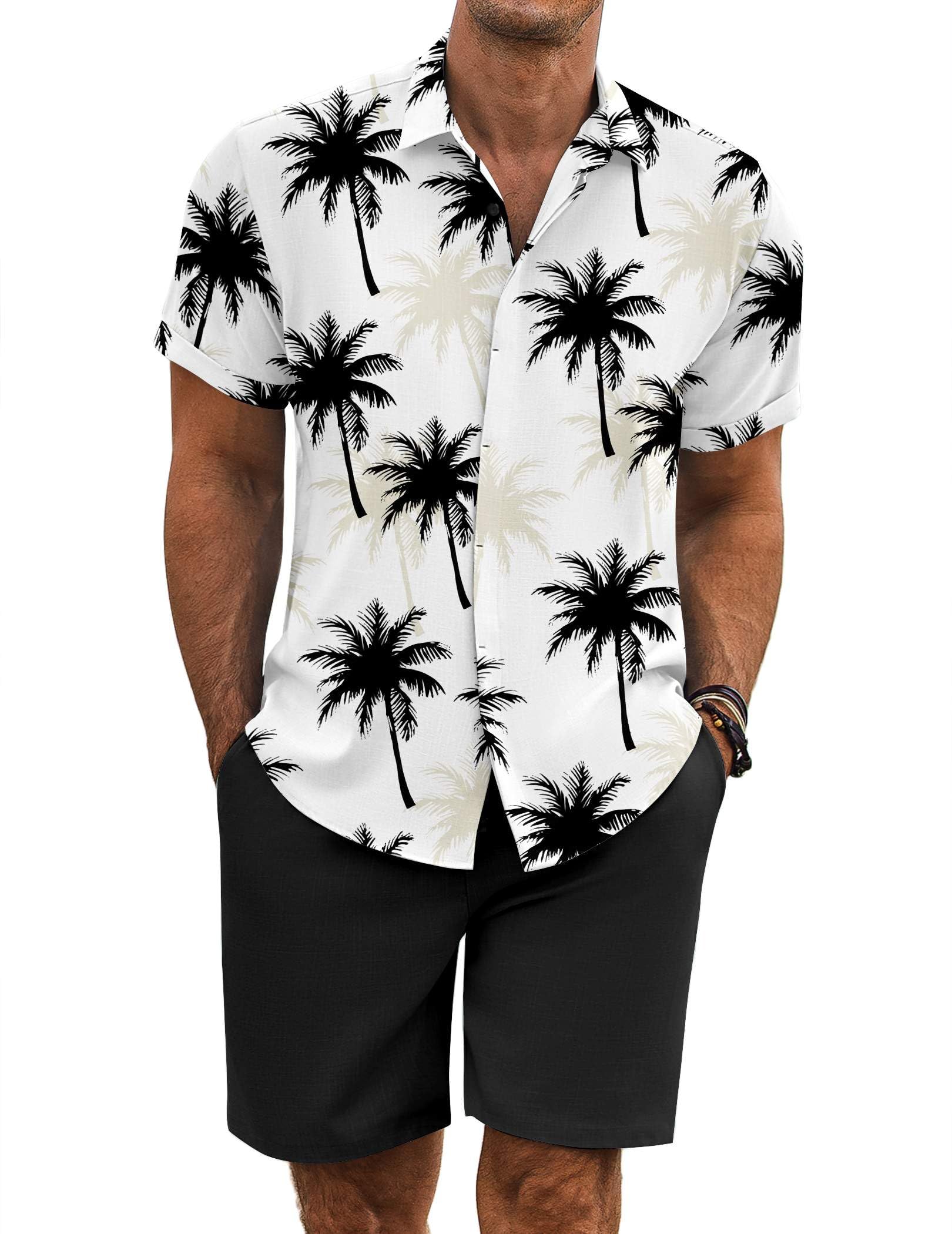 COOFANDY Men's Summer Beach Outfits 2 Piece Short Sleeve Shirts and Shorts Vacation Linen Sets for Men,Coconut Tree White,L Image COOFANDY Men's Summer Beach Outfits 2 Piece Short Sleeve Shirts and Shorts Vacation Linen Sets for Men,Coconut Tree White,L Image