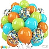 Dinosaur Balloons,50PCS 12 Inch Fruit Green Blue and Orange Confetti Balloons with Ribbon for Birthday Baby Shower Dino Jungle Birthday Party Decorations