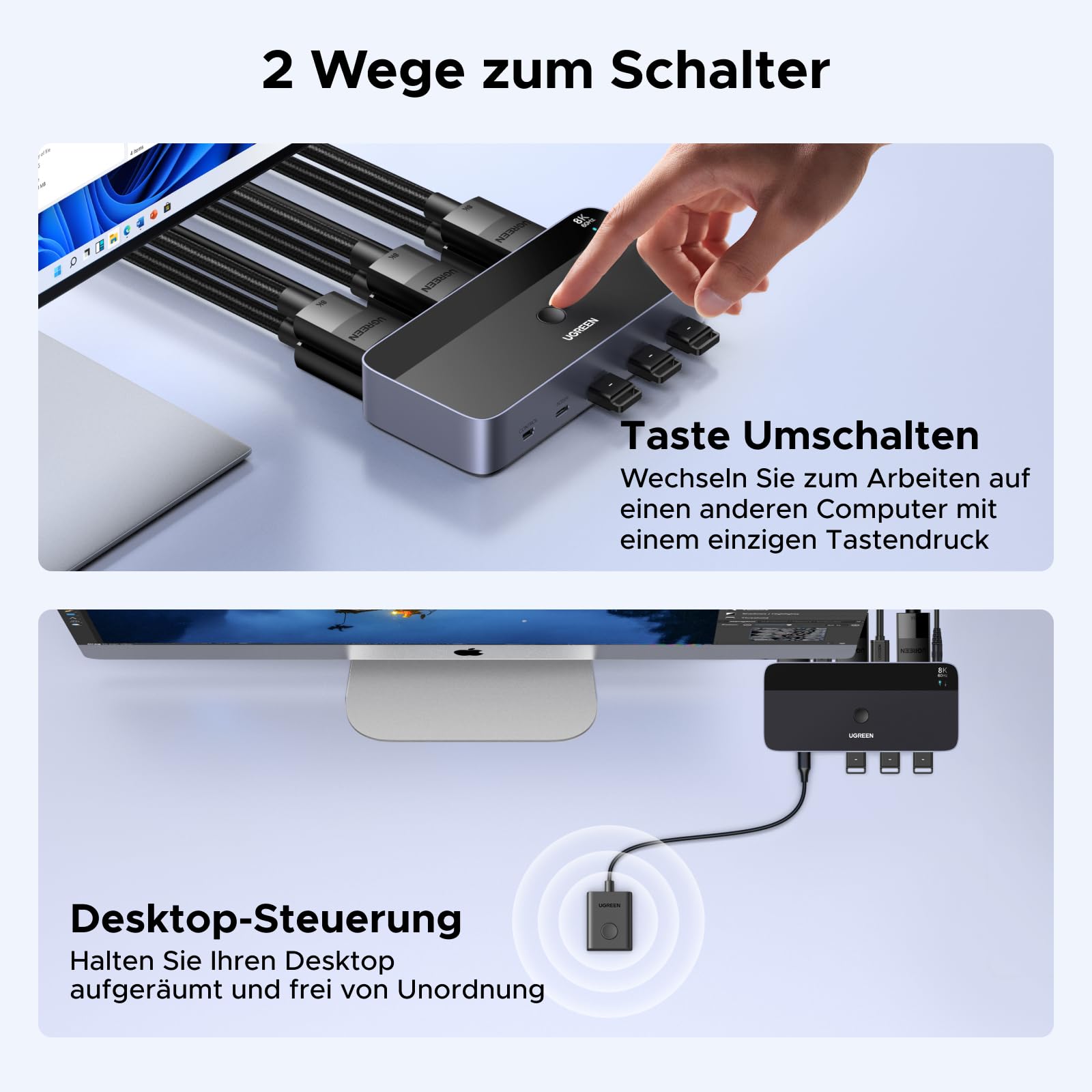 UGREEN Displayport KVM Switch 2 PC 2 Monitore 8K60Hz KVM Umschalter mit 4 USB 3.0 Ports Tastatur und Desktop-Controller Umschaltung Kompatibel mit Windows/Linux/MacOS usw. 6