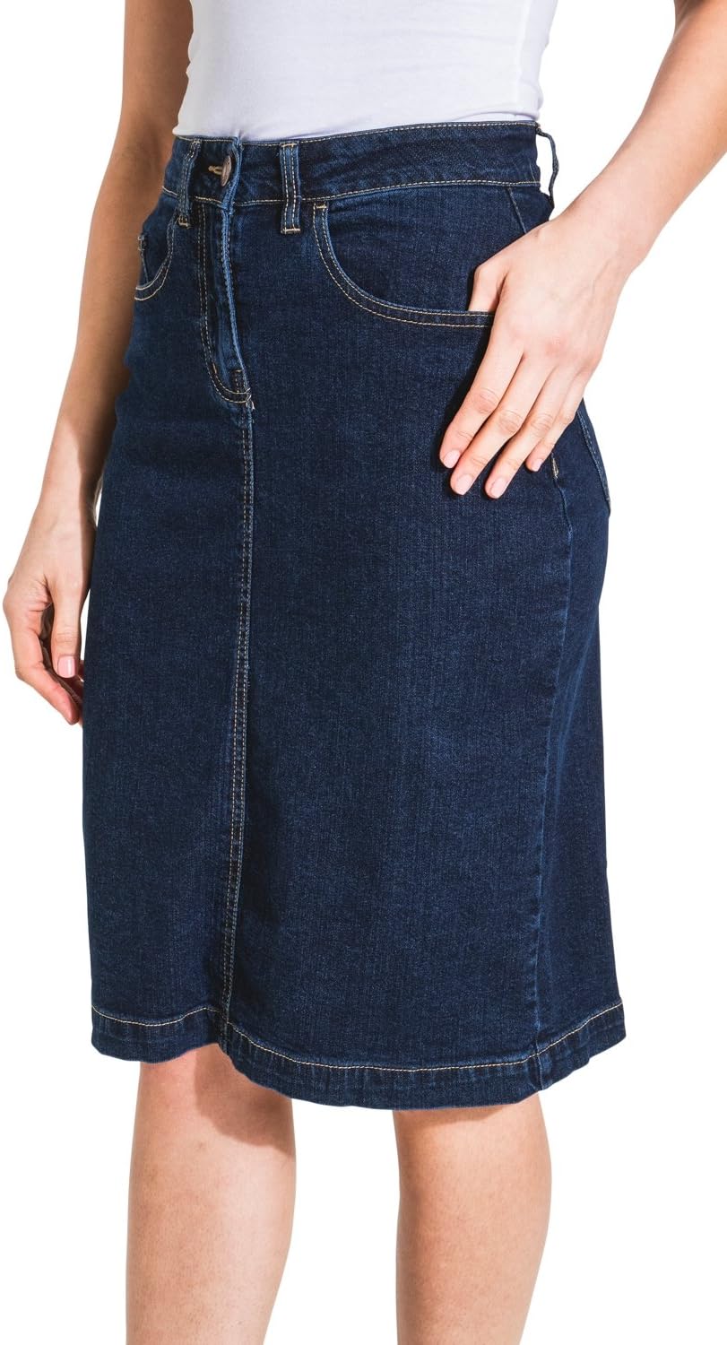 USKEES Nancy Mid-Length Denim Skirt - Darkwash Straight Jean Skirt with Stretch NANCYDW