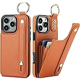 Folosu for iPhone 16 Pro Max Wallet Case with Card Holder, Hand Wrist Strap Loop Holder Kickstand, RFID Blocking Finger Grip Ring PU Leather Double Buttons Shockproof Cover 6.9" Brown