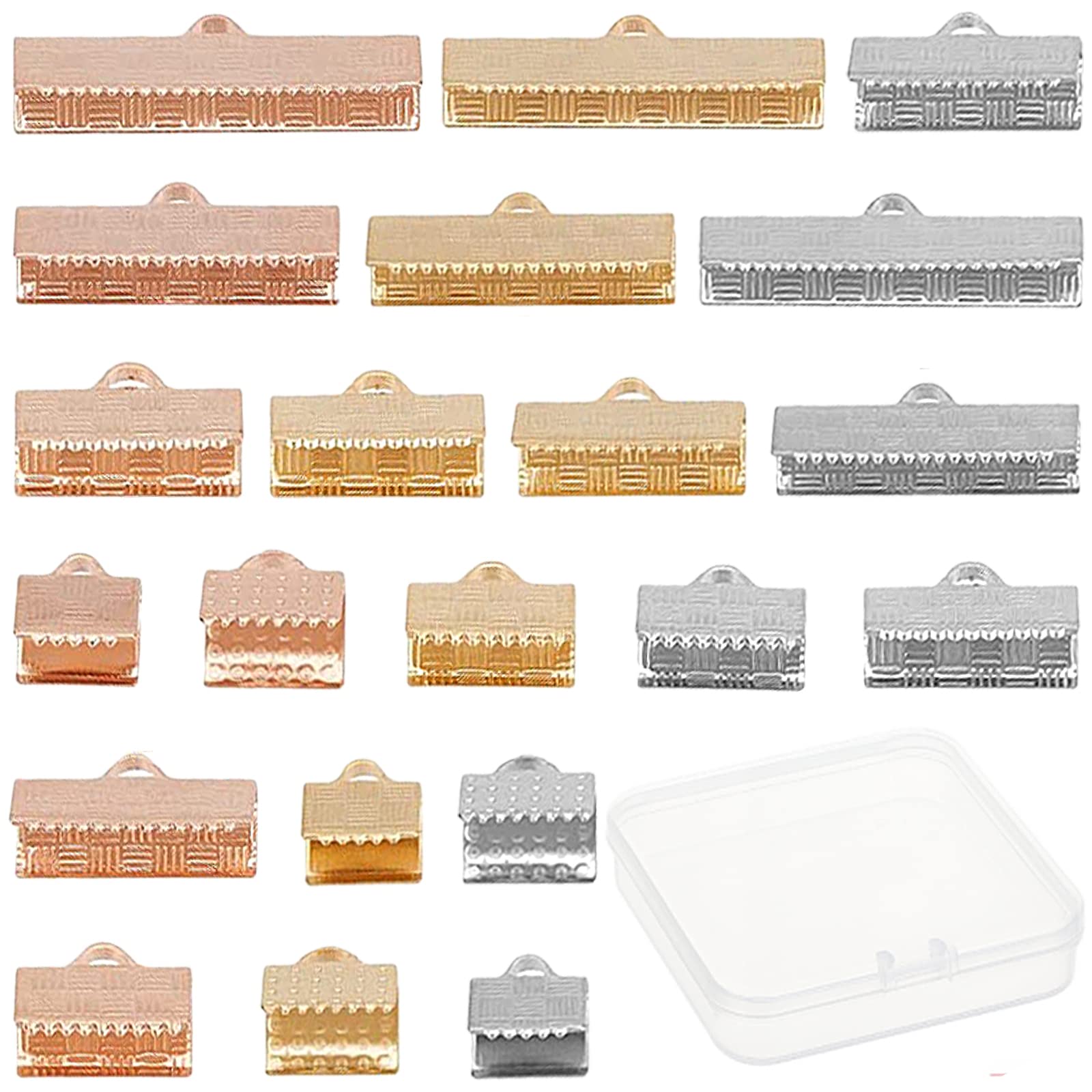 SUNNYCLUE 1 Box 42Pcs 7 Styles Crimp Clamp Ends Ribbon Bracelet Cord End Clasp Stainless Steel Fastener Clasps for Leather Bookmark Pinch Making Findings Crafts Supplies, 3 Colors