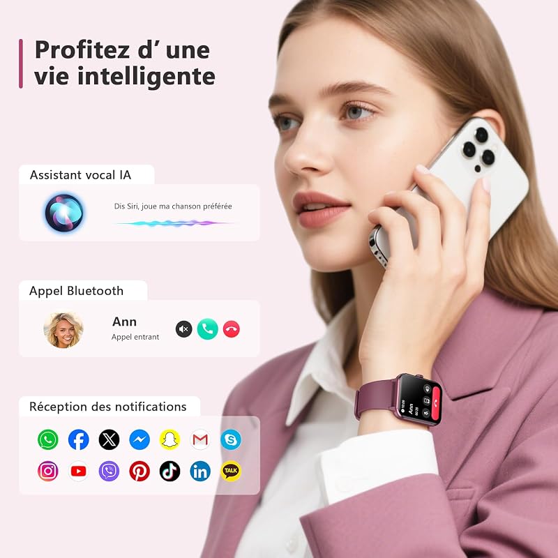 Montre Connectée Homme Femme, Appel Bluetooth, Rouge vin — photo 3 sur 8