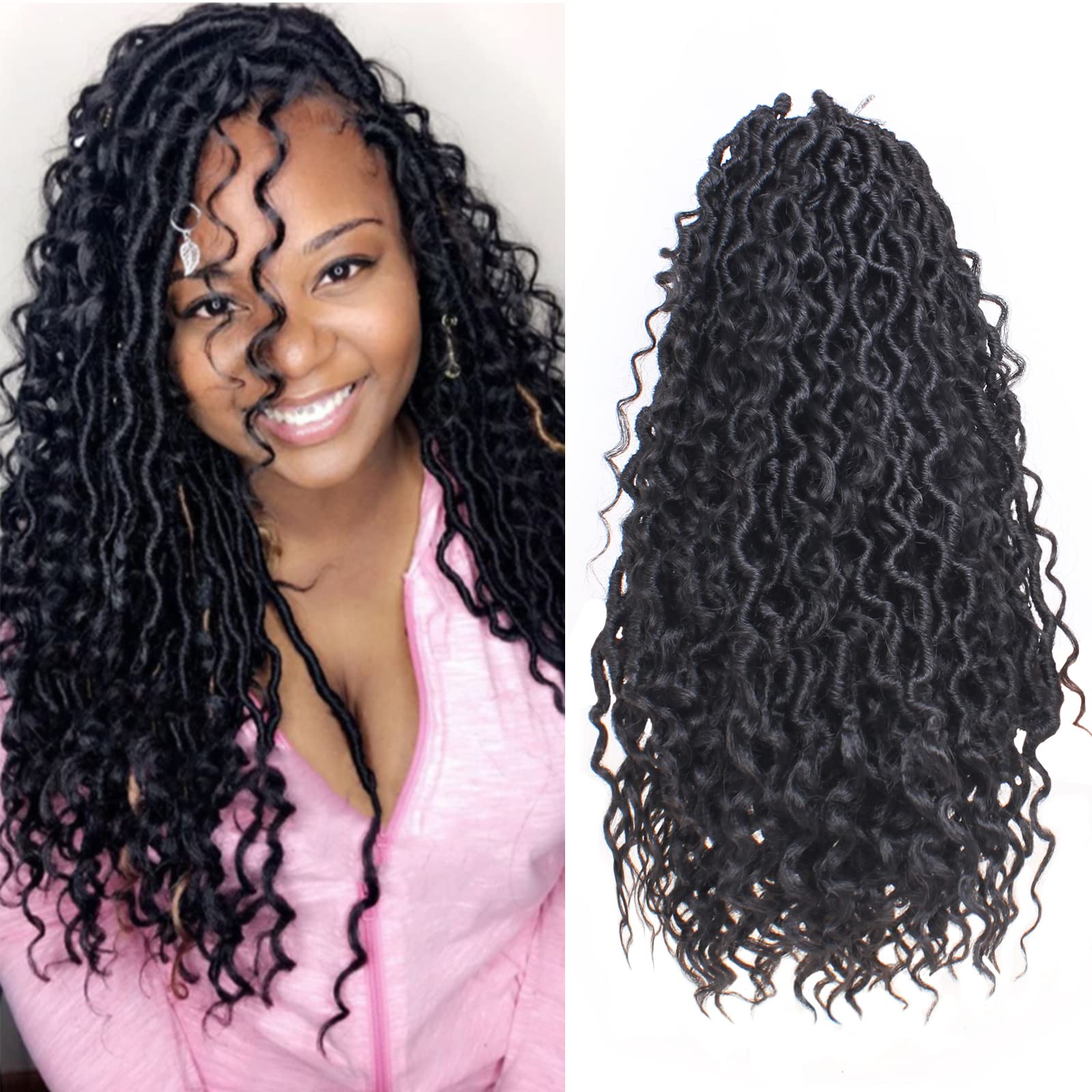 Xtrend 14 Inch 8 Packs Black River Goddess Faux Locs Crochet Hair Wavy With Curly Ends 14Strands/Pack Pre-loop Synthetic Crochet Braids Twist Braiding Bohemian Faux Locs Hair Extensions 1B#