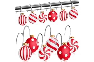 Yungyan 12 Pcs Christmas Ball Shower Curtain Hooks Candy Curtain Hangers Xmas Decorative Rings Accessories for Holiday Bathroom Restroom Decor