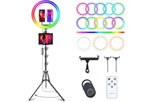 HERRFILK 12" Selfie Ring Light with 75" Tripod Stand & 2 Phone Holder, LED Camera Ringlight with 48 RGB Colors Modes & Musical Rhythm Mode and 12 Brightness Dimmable for TikTok/Makeup/Photography/Vlog