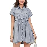 Leovqn Womens Denim Dress Babydoll Short Sleeve Distressed Loose Button Down Casual Jean Shirt Dress