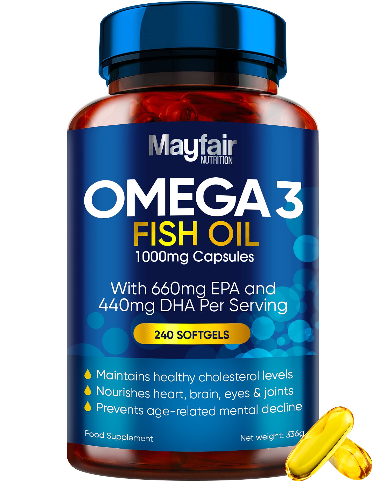 Omega 3 1000mg Capsules - 240 Fish Oil Tablets with 660mg EPA & 440mg DHA per Daily Serving - Supports Heart, Vision, & Brain Health - 4 Months Supply - Made in UK…