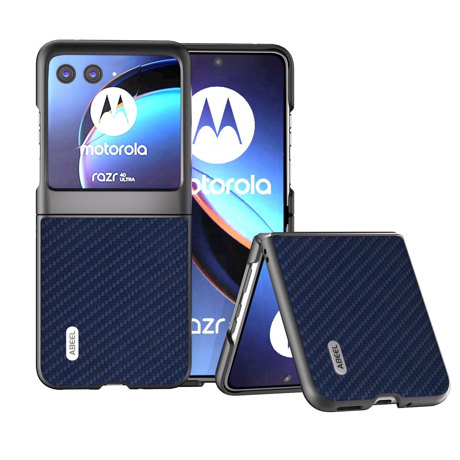 GIOPUEY Case Compatible with Motorola Razr 40 Ultra, PU leather + Hard PC Cover, Carbon Fiber Texture Phone Case, Anti-Fingerprint, Anti-Shock - 2-Navy Blue