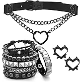 Aswitnove 6 Pcs Punk Studded Bracelets Grunge Gothic Necklace Earrings Jewelry Set 80s Alt PU Emo Bracelets Goth Heart Chain Choker Layered Cross Necklace Y2K Spike Heart Earrings for Women Men