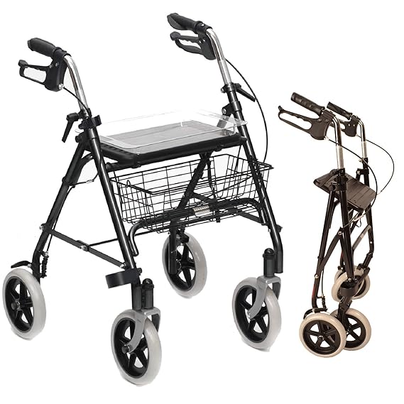 Folding Rollator walking frame with locking brakes, seat, tray basket