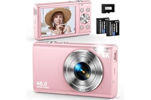 ANTEAM Digital Camera, Autofocus 48MP UHD 4K Vlogging Camera 16X Digital Zoom, Portable Compact Point and Shoot Digital Camera for Teens Adult Beginner with 32GB Card, 2 Batteries, Lanyard(Pink)