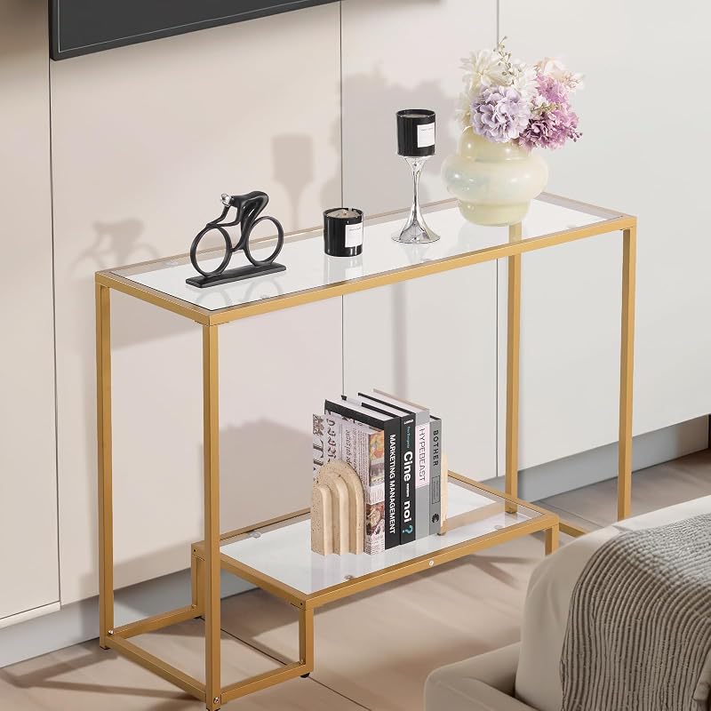 2-stufiger Konsolentisch moderner rechteckiger Flurtisch (107 x 35,4 x 75,5 cm) mit Platte aus gehärtetem Glas, Sofa-Beistelltisch mit Kippschutz für Wohnzimmer Flur Eingangsbereich Foyer