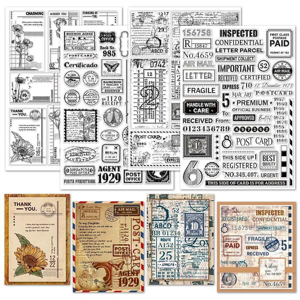 GLOBLELAND 4 Sheets Vintage Postage Postcard Clear Stamps for Card Making Text Background Silicone Clear Stamp Seals Transparent Stamps for DIY Scrapbooking Journals Decorative Photo Album