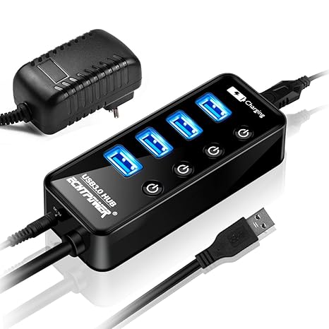 ECHTPower USB Hub 4-Port USB 3.0 Hub Aktiv, USB 3.0 Datenhub USB Verteiler mit Ein Aus Schaltern, 15W(5V/3A) Netzteil Stromve