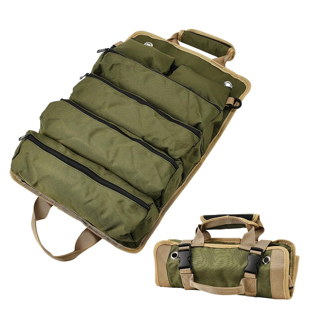 JSCARLIFE Tool Bag Roll Up, Heavy Duty Tool Organizer Portable Tool Storage Bag with 2 Detachable Multi-Pocket Tool Pouch Compact Carrier Bag for Electrician Mechanic, Father Day Dad Gift (Green)