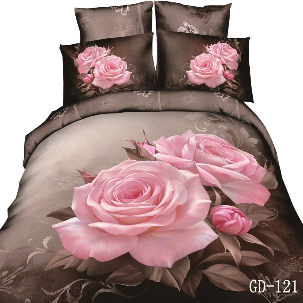 HyUkoa 3D Oil Painting Pink Rose Princess Bedding Sets 4PC,(1PC Duvet Cover,1PC Bed Sheet,2PC PillowCase),100% Cotton Queen Size Pink Rose Wedding Grey Duvet Cover Sets