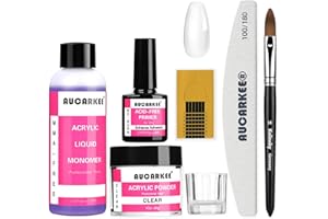 Aucarkee Acrylic Nail Kit with Primer, 1oz Clear Acrylic Powder and 2.5 Fl.oz Liquid Monomer Set for Beginners with Kolinsky Brush Nail Forms File for Nail Extension Carving Rhinestone Adhesive