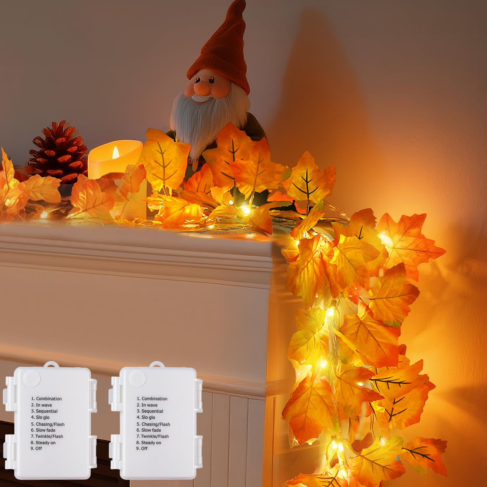 Photo 1 of 2Pack [8 Lighting Modes & Timer] Fall Decor Maple Leaf Garland with Lights 80LED Battery Operated Waterproof, Fall Decorations for Home Outdoor Indoor Thanksgiving Decor Halloween Friendsgiving Autumn