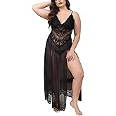 ABAFIP Plus Size Lingerie for Women Sexy Mesh Maxi Nightdress V-Neck Strappy Nightgown Side Split Sleepwear