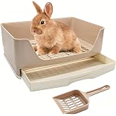 BWOGUE Large Rabbit Litter Box, Bunny Litter Box with Drawer, White | Potty Trainer Corner Bedding, Pull-Out Drawer Tray, Elevated Grate, Cage-Fixing Buckles, Stain- &amp; Odor-Resistant Plastic