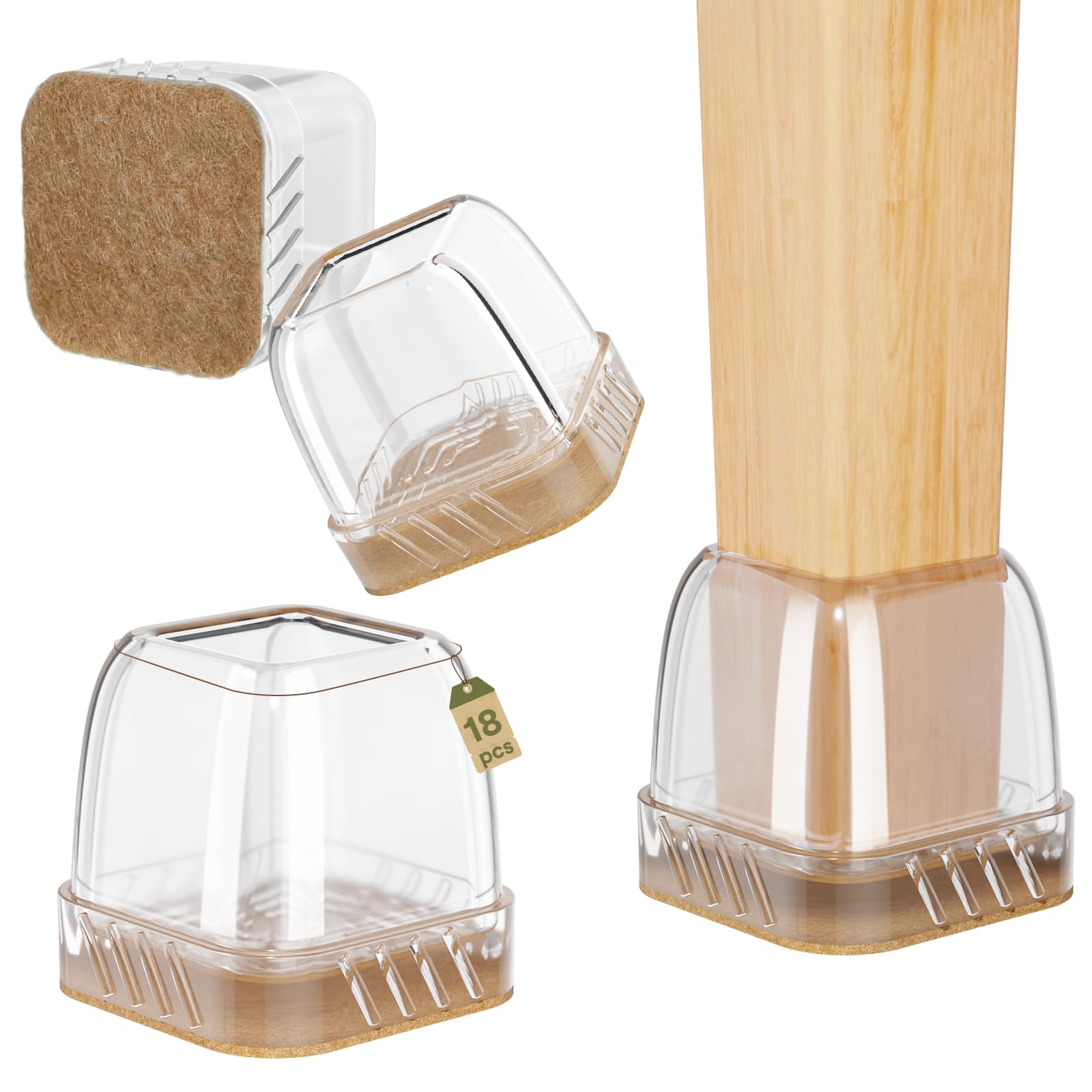 Euqvunn 18pcs Square Chair Leg Floor Protectors, Mini Small Floor Protectors for Furniture Legs, Rectangle Stool Leg Covers with Felt Pads, Chair Leg Caps to Protect Hardwood Floors, 14-19mm