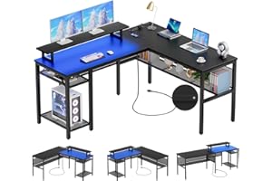 Unikito L Shaped Desk, Reversible Corner Computer Desk with Magic Power Outlets and Smart LED Light, Unique Grid Design, 55 Inch Office Desk with Monitor Stand and Storage Shelf, Black