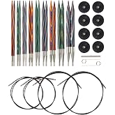 Knit Picks Mosaic Wood Interchangeable Knitting Needles Set - US 4-11 | 9 sizes of 4.75 inch long knitting needles in multicolor, includes cables, end caps, and connectors.