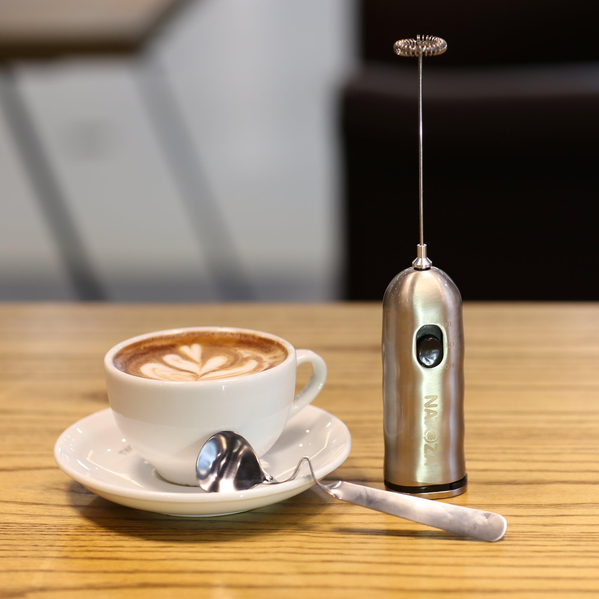 NATOZA Milk Frother Handheld 2 Speed Drink Mixer With 2 AA Batteries Included, Bonus Mix Spoon - Perfect for the best Latte Maker, Cappuccino, Matcha, Hot Chocolate and more - Stainless Stee (Silver)