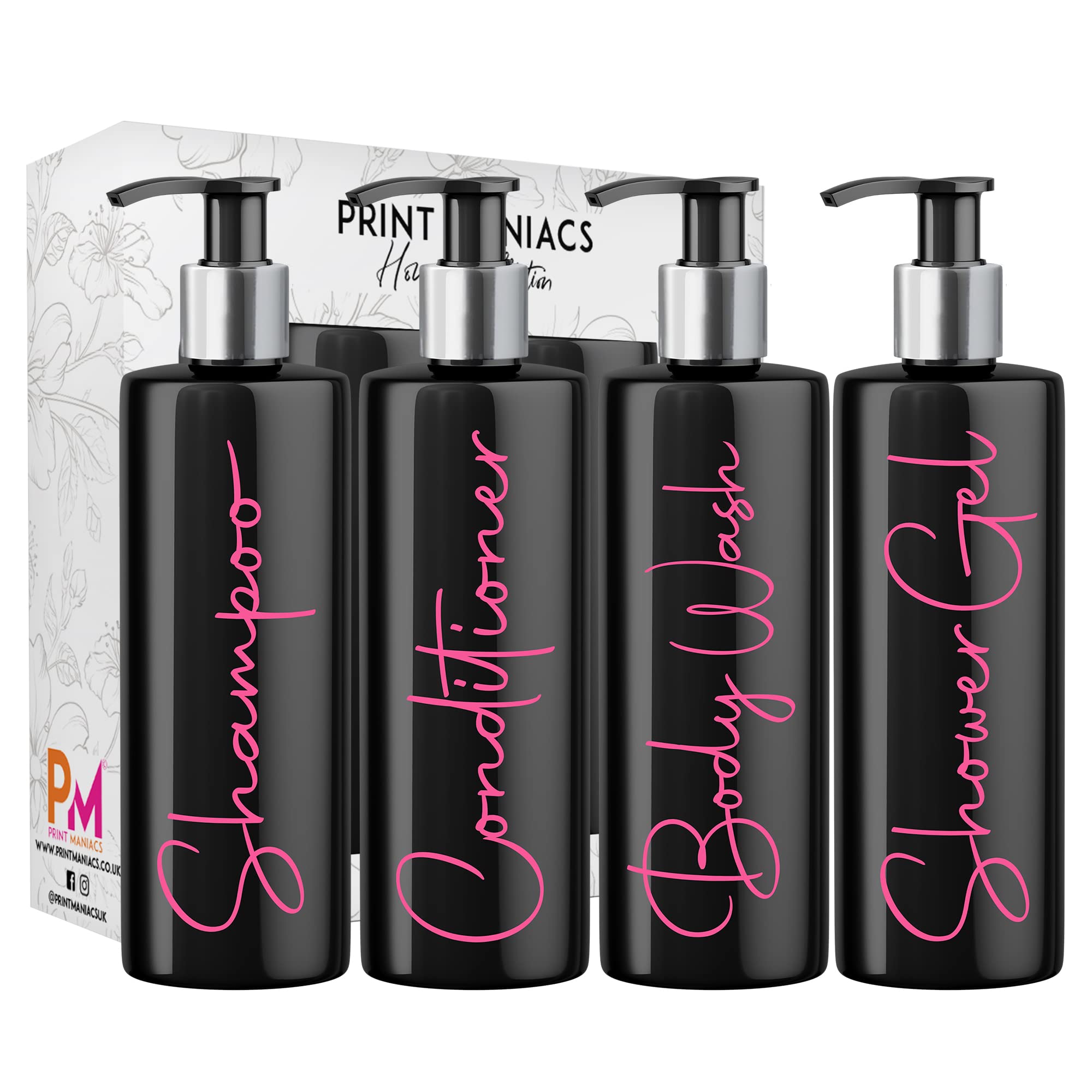 Print Maniacs Mrs Hinch Inspired Black Personalised Dispenser Silver Pump Bottles Shower Gel set, F2 (Baby Pink)