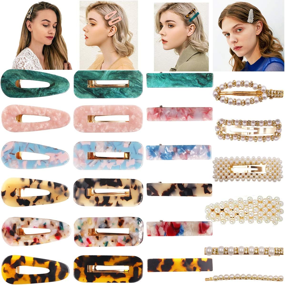 24PCS Acrylic Resin Hair Barrettes Pearls Hair Clips-Fashion Korean Style Handmade Pearl Hair Barrettes Rhinestones Hairpins Gold Duckbill Acrylic Hair Clips Elegant Hair Accessories for Girls Women