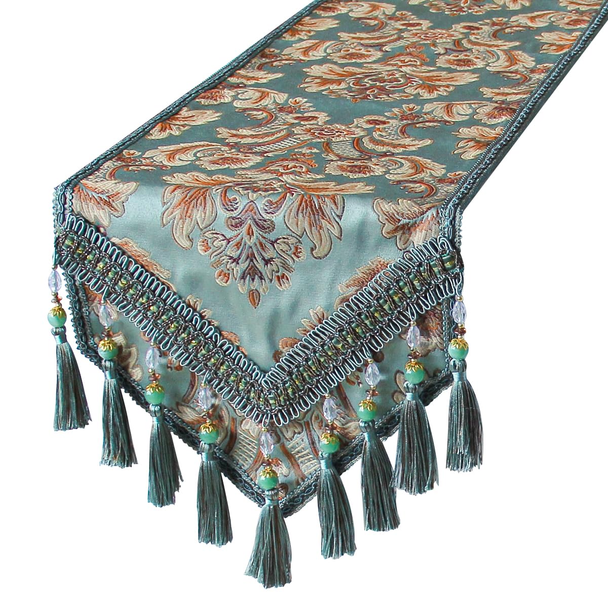 kilofly Elegant Floral Brocade Jacquard Table Runner Tassels (96 x 12 inches)