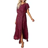 CCTOO Womens Summer Maxi Dresses: Casual Short Sleeve Crewneck Slit Sundress Ruffle Pleated Long Flowy Party Cocktail Dress