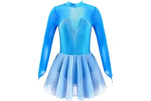 JanJean Kids Girls Figure Ice Skating Dress Long Sleeve Sparkly Rhinestone Mesh Splice Gymnastics Leotard Dress Dancewear